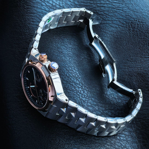 Montre chronographe style 47450, indicateur jour/nuit, double fuseau horaire, boîtier en or rose, cadran noir, montre de sport de luxe avec bracelet intégré - Product Image 4