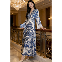 Robe Femme Luxe Léger Haut de Gamme Amincissante Vintage à Manches Cloche Taille Haute en Soie de Mûrier Imprimé Porcelaine Style Grande Balançoire