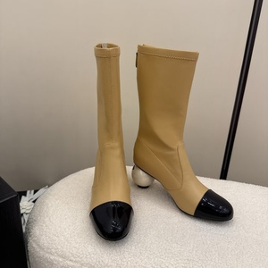 Women's Chic Mid-Calf Leather Boots Breathable Zip Back Design Contrast Toe Heel Black/Beige/White Fall Winter Autumn Summer - Product Image 2