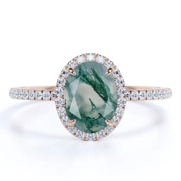 Ovate Natural Milky White Dendritic Moss Green Agate And Moissanite Pave Halo Engagement Ring In 18K Rose Gold