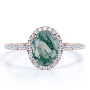 Anillo de compromiso de oro rosa de 18 quilates Ovate Natural blanco lechoso dendrítico musgo verde ágata Moissanite Pave Halo hermoso anillo de bodas - Product Image 1