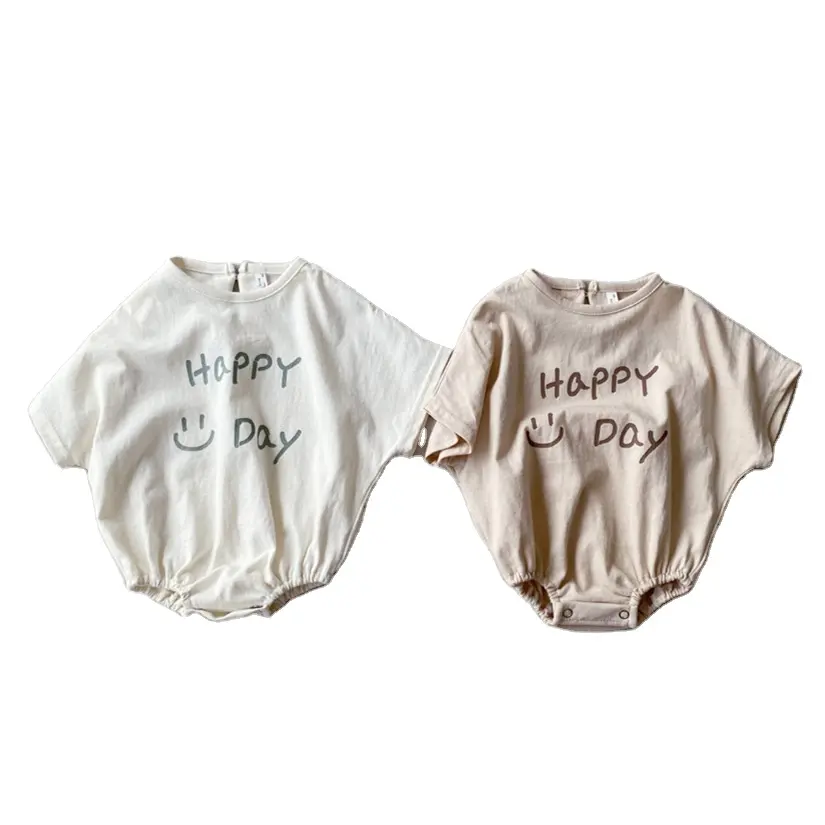 Grosir Bodysuit Bayi Baju Monyet Lengan Pendek Anak-anak Katun Lembut Jumpsuit Happy Day Desain Cetak Pakaian Bayi 1 Tahun
