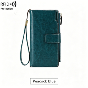 2026 Wholesale Womens <b>RFID</b> Blocking Large Capacity Luxury Waxed Leather Clutch <b>Wallet</b> Multi Card Organizer - Product Image 5