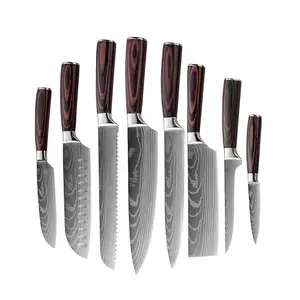 Ensemble de couteaux <span class=keywords><strong>damas</strong></span> Chef en acier inoxydable <span class=keywords><strong>japonais</strong></span> outil Santoku à trancher ensemble de blocs de couteaux à motif laser 8 pièces couteau en acier <span class=keywords><strong>damas</strong></span> - Product Image 1