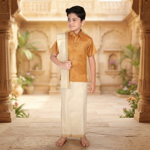 Conjunto de Dhoti de Algodón para Niños con Angavastram, Ropa Étnica Tradicional India para Bodas, Largo hasta el Tobillo, Corte Regular, Ropa Infantil - Product Image 4