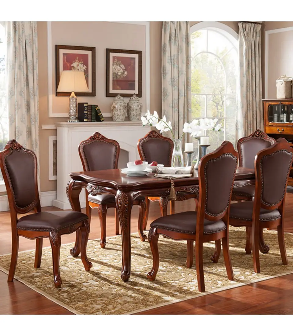 Amerikan tasarım lüks yemek odası takımı mobilya üst ahşap yemek masası 6 koltuklar deri sandalye klasik tarzı GMD09