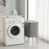Cesto de Roupa Suja Ecológico de Grande Capacidade com Pernas de Metal, Design Dobrável, Forro Removível e Lavável e Tampa