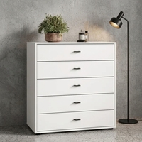 Commode blanche à 5 tiroirs, commode minimaliste, armoire en bois avec poignées noires pour chambre à coucher, rangement pour vêtements et accessoires