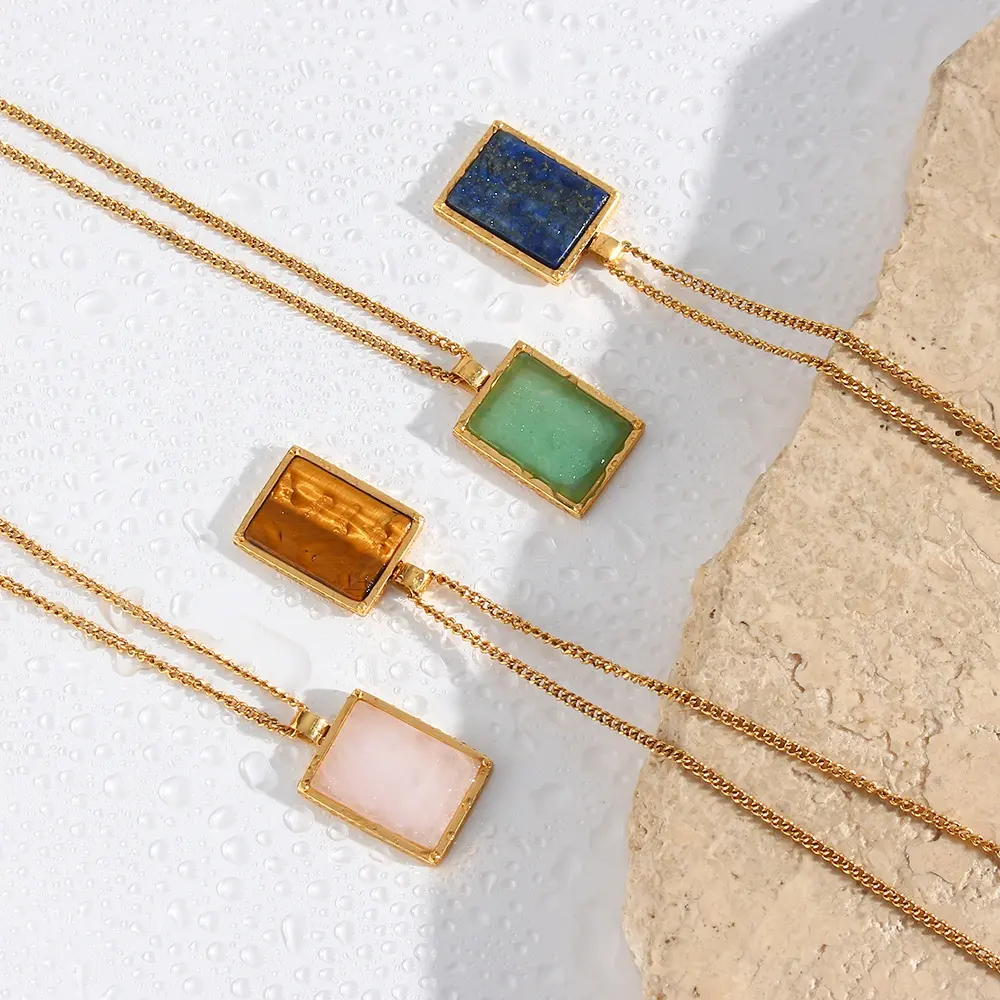 Vintage Square Gemstone Natural Stone Pendant Necklace 18k Gold Plated Stainless Steel Pendant Necklace For Women