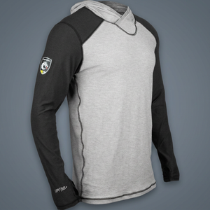 Chemise de pêche à manches longues pour homme, gris et noir, avec capuche, protection UV UPF 50+, logo frontal, fermeture à enfiler, 100% polyester, polos 3D - Product Image 3