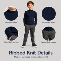 NOUVEAU Pull en maille côtelée à col roulé bleu marine pour garçons, manches longues, coupe ajustée, pull chaud pour adolescents, automne/hiver, OEM