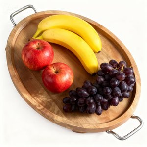 Bandeja de Madera de Acacia para Servir Frutas y Alimentos, Plato Tallado con Asa de Acero Inoxidable, Plato de Madera Natural Cuadrado para Cocina - Product Image 1