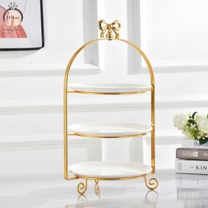 Otel büfe düğün dekorasyon altın demir kuş kafesi raf lüks 2 Tier 3 katmanlı seramik pasta standı - Product Image 1