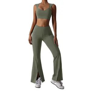 Nuovo personalizzato senza maniche con scollo a diamante gilet sportivo a vita alta sollevamento dell'anca Fitness Bell Bottoms palestra due pezzi vestito donna Yoga Set