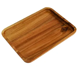 Nampan penyaji kayu akasia padat untuk makanan dengan kemasan ritel kustom Logo ukiran piring saji kayu