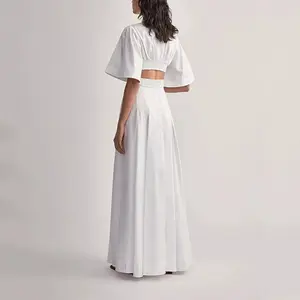 2023 Plain Ladies Summer Clothing V Neck Show Back Waist Pure White Maxi Pleated Elegant Gentle Women's Dress