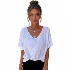 เสื้อเชิ้ตผู้หญิงคอวีแขนสั้นเอวสม็อคผ้าลินินลำลองทรงหลวมแฟชั่น - Product Image 5