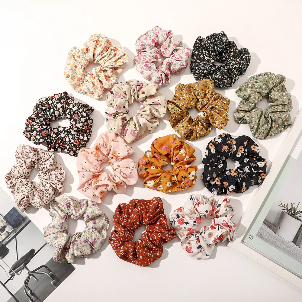 PT024B Wholesale Fabric Elastic Band Scrunchies Custom Flower Printed Rubber Hair Ties Polyester Scrunchies For Women