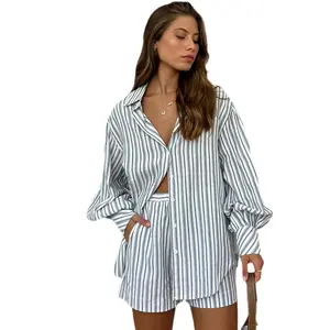 Mode Gestreept Vest Met Lange Mouwen Pyjama 'S Tweedelige Set Casual Comfortabele Shorts Dames Homewear