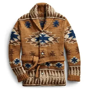 Biểu Tượng Tùy Chỉnh OEM & ODM Retro Aztec Phong Cách Dân tộc Mùa Đông Jacquard Ve Áo Giữa Chiều Dài Dày Áo Len Cardigan