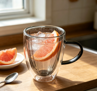 Mug en verre à double paroi Wuso fait main en borosilicate, gris fumé intérieur, à nervures verticales, avec anse noire, résistant à la chaleur et isolé