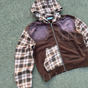 Logo personnalisé 100% coton Patchwork bloc de couleurs à carreaux recadrée lavage à l'acide en détresse <span class=keywords><strong>soleil</strong></span> fané fermeture éclair Vintage à capuche pour hommes - Product Image 3