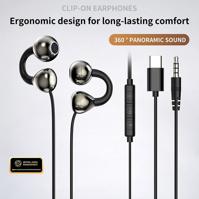 Custom Clip-on Earphones Wired Earbuds Spatial Audio Enhancement Ergonomic Design Type-C 3.5mm Jack