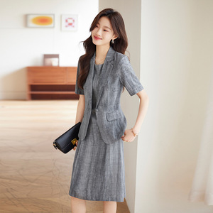 Women's Short Sleeve Blazer Suit Set Cotton Linen Blend Breathable Summer Casual Professional Gray Solid Color 3D Tailoring - Product Image 4