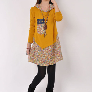 Casual Dress Women Long Sleeve V Neck Asymmetric Splicing Loose Waist Plus Size Korean Style Leisure Wear 9347 - Product Image 4