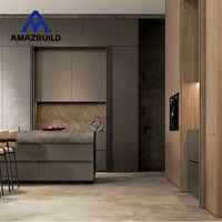 AMAZBUILD Armários de Cozinha de Vidro Modernos e Minimalistas Personalizados Ecológicos com Dobradiça Oculta Acabamento em Madeira Cinza Fosco Bicolor