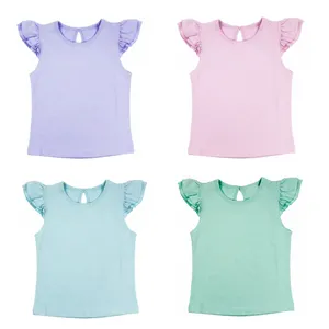 Wholesale summer flutter sleeve kids girls plain t shirt toddler baby girl cotton tee shirts