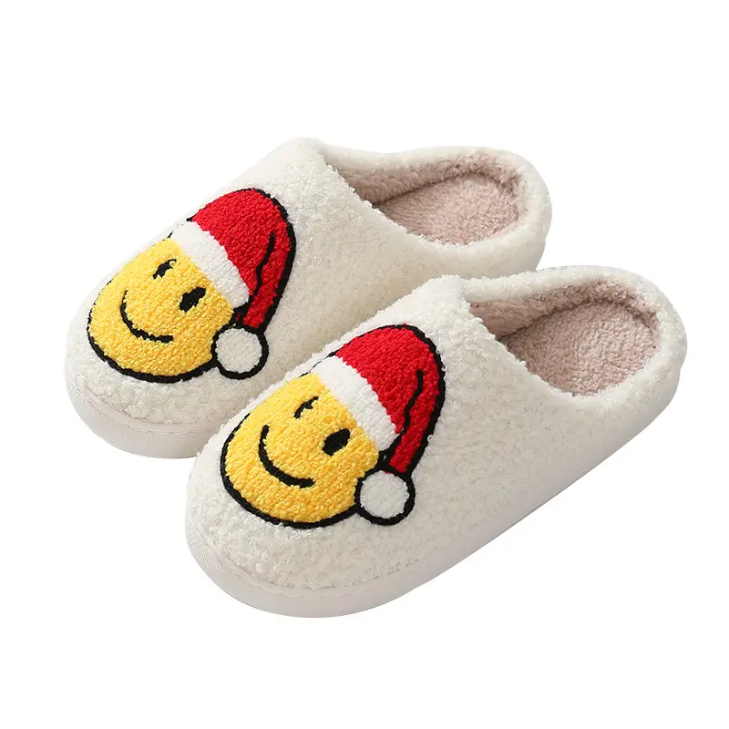 Cute Santa Hat Sorrindo Face Algodão Chinelo Outono Inverno Amante Home Plush Chinelos Para Homens Mulheres