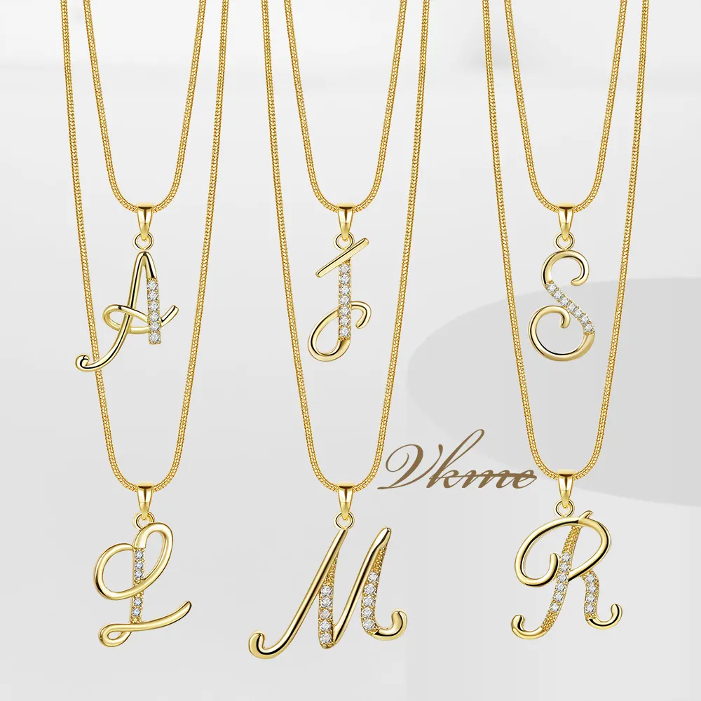 VKME Trendy Jewelry Custom Gold Charms Shiny CZ Word Mixed Small Initial 26 Letter Alphabet Pendants Necklace