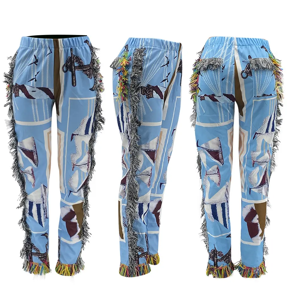 Hot Selling Vintage Casual Pants Side Tassels Jogger Pants Individuality Print Trousers For Women