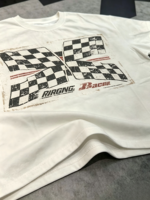 T-shirt oversize vintage blanc à carreaux avec motif drapeau, effet délavé et usé, style streetwear rétro, unisexe, manches courtes