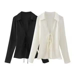 PB&ZA Women 2024 spring New Fashion Bow finish silk satin texture Blouses Vintage Long Sleeve Female Shirts Blusas Chic Tops