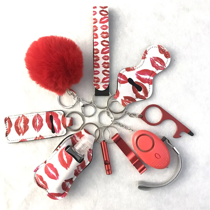 Wholesale auto-defesa itens pulseiras abridor de garrafa apito pessoal personalizado logotipo porta de alarme abridor pom pom keychain para as mulheres