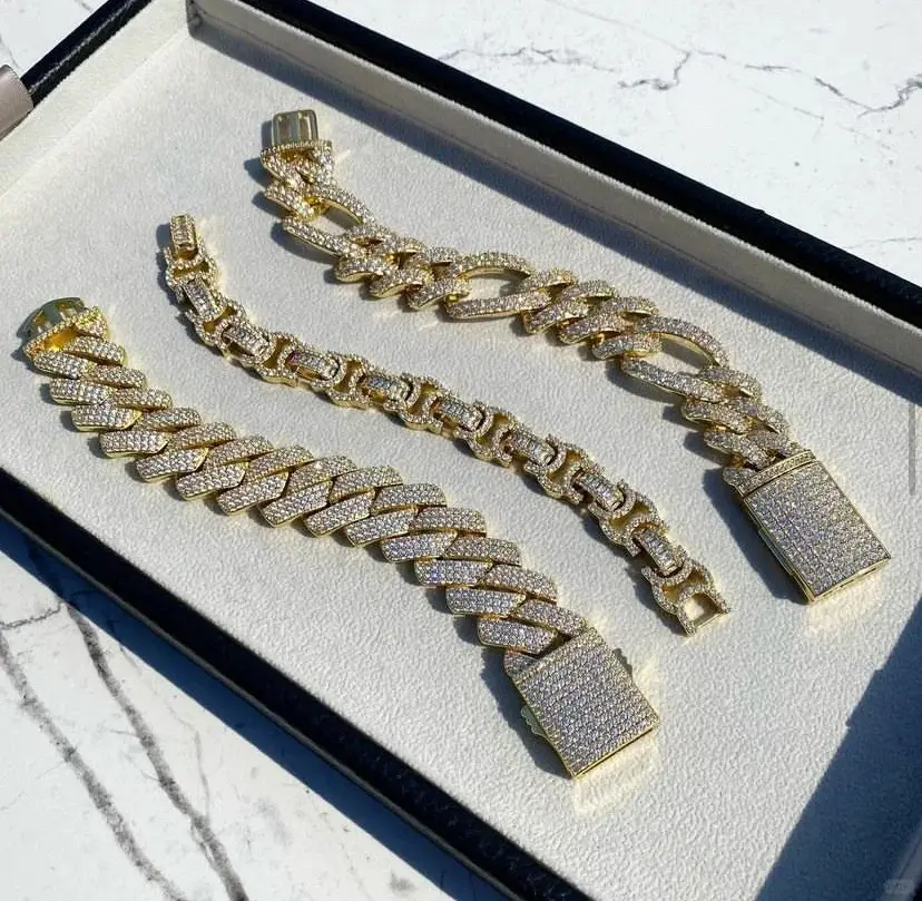 Colar/pulseira de tênis com diamantes cultivados em ouro 18K Hiphop, teste de diamantes passados de 3 mm a 5 mm de largura