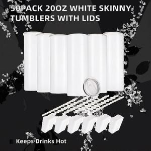 Lot de 25 gobelets en plastique pour sublimation sous vide, 20 oz, vierges, fins, à fond plat, blancs, avec couvercle et paille - Product Image 2