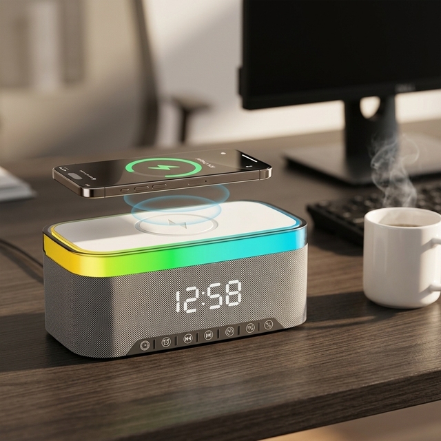 Newest Creative Bluetooth Speaker With Alarm Clock Wireless Charger Bt Music Speaker With Colorful Night Light