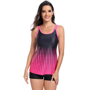Traje de baño de dos piezas con gradiente para mujer, Tankini, traje de baño de secado rápido para natación y deportes acuáticos, cuello redondo, ribete en contraste - Product Image 1