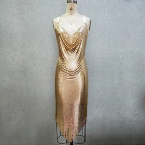 2023 Light Gold Sexy Women Backless Aluminium Sequin Chainmail Metal Mesh Dress For Party Night Club