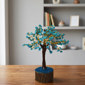Árbol de Piedras Preciosas de Turquesa Hecho a Mano con Tronco de Alambre Dorado y Base de Madera para Decoración del Hogar - Product Image 2