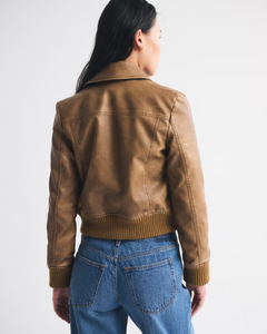 LEDUO Vintage Breathable Windproof <b>Spring</b> Short Brown PU Leather Shrunken Bomber <b>Jacket</b> with Zipper for <b>Women</b> - Product Image 3