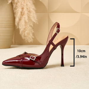 Escarpins de luxe noirs en cuir verni à bout pointu et talons aiguilles, avec doubles brides croisées à boucles - Product Image 6