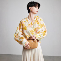Chemisier Élégant 100% Ramie pour Femme, Imprimé Floral Vintage, Manches Longues, Coupe Ample Décontractée, Respirant, Vêtement en Fibre Naturelle 2026
