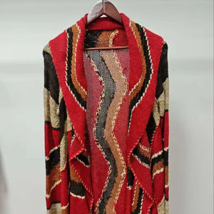 Ethnic - Inspired Fringed Knitted <b>Cardigan</b> with Color - Blocked Wavy Patterns in <b>Red</b> - Dominant Tones - Product Image 1