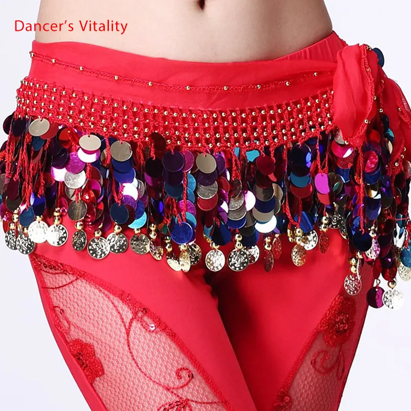 Cinturón de danza del vientre rojo disfraces lentejuelas borla danza del vientre cadera bufanda para mujeres cinturones de danza del vientre cinturón de colores indios