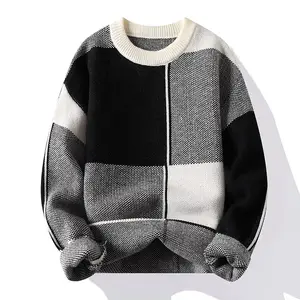 Custom Guangdong Grid Fall Winter Ronde Hals Zip Hals Trui Punk Unisex Oversize Ronde Hals Gebreide Blank Trui