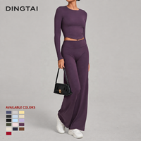 Ensemble de yoga pour femme à col rond et jambes larges, manches longues, sans rembourrage, dos en V, 2 pièces, couleur unie, anti-humidité, coupe ajustée, hiver